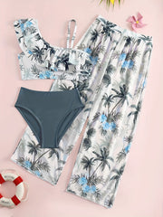 Girl's Bikini Swimsuit 3pcs Ruffle Decor Camisole & Briefs & Pants Set