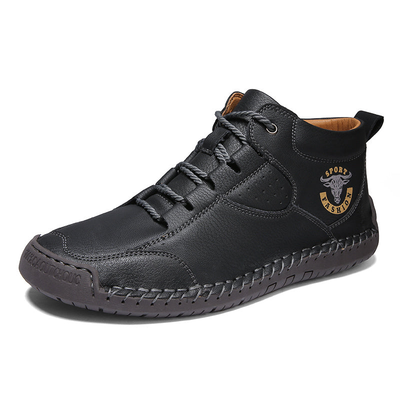 Men Leather Stitch Ankle Boots Non Slip Walking Sneakers