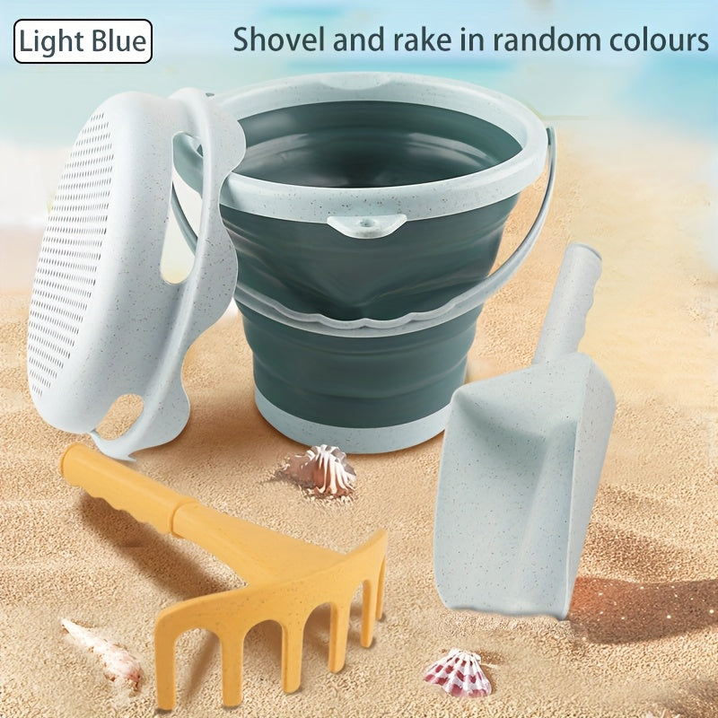 Kids Beach Toy Set Bucket Shovel Rake, Collapsible, Easy Carry, Sea Bucket Toys