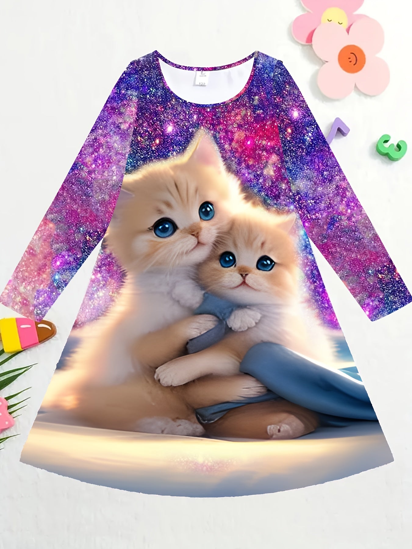 Girls 3D Kitty Graphic Crew Neck Dress Spring Fall Gift
