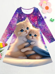 Girls 3D Kitty Graphic Crew Neck Dress Spring Fall Gift
