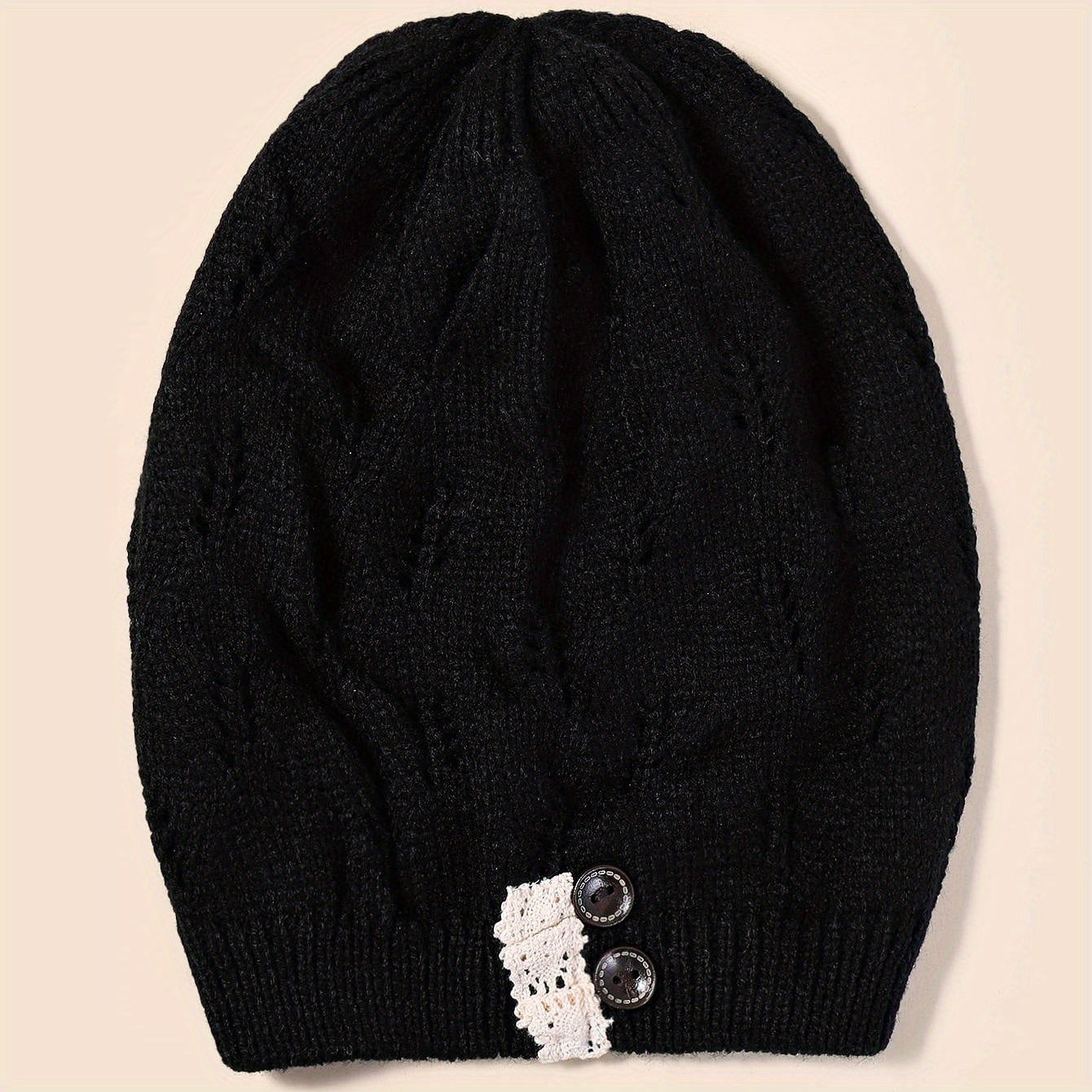 Women's Hollow Knit Beanie Hat Button Decor Warm Cap