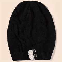 Women's Hollow Knit Beanie Hat Button Decor Warm Cap