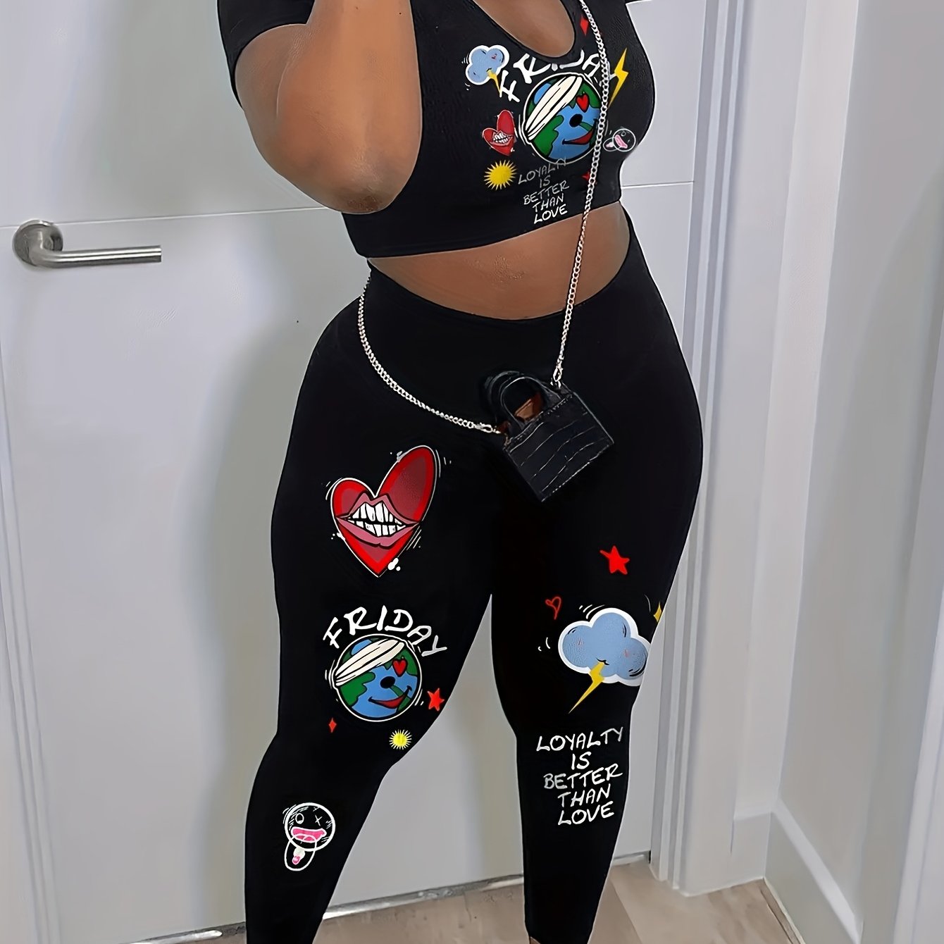 Graphic Print Casual Set Cropped T shirt & High Waist Pants