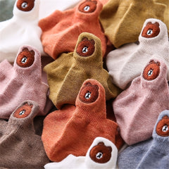 10 Pairs Soft Ankle Socks Teddy Bear Embroidered Cotton Solid Women's Stockings