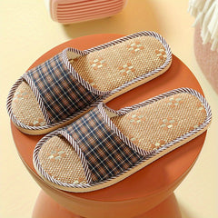 Men's Plaid Linen Non Slip Open Toe Slides For Indoor Home House Shoes