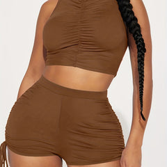 Solid Mock Neck Crop Tank Top & Drawstring Ruched Shorts Set