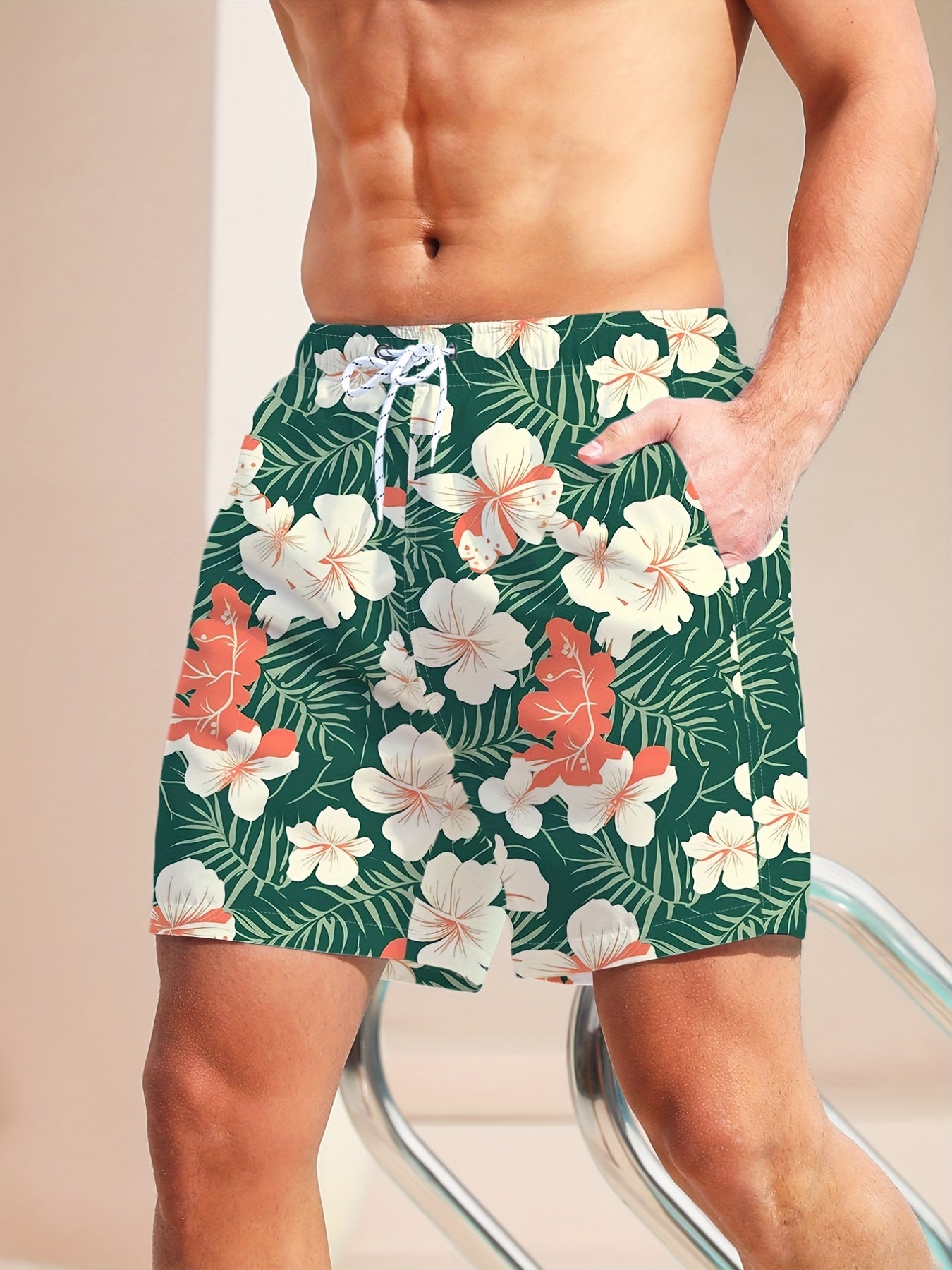 Quick Dry Hawaiian Beach Board Shorts for Men Floral Swim Trunks with Pockets