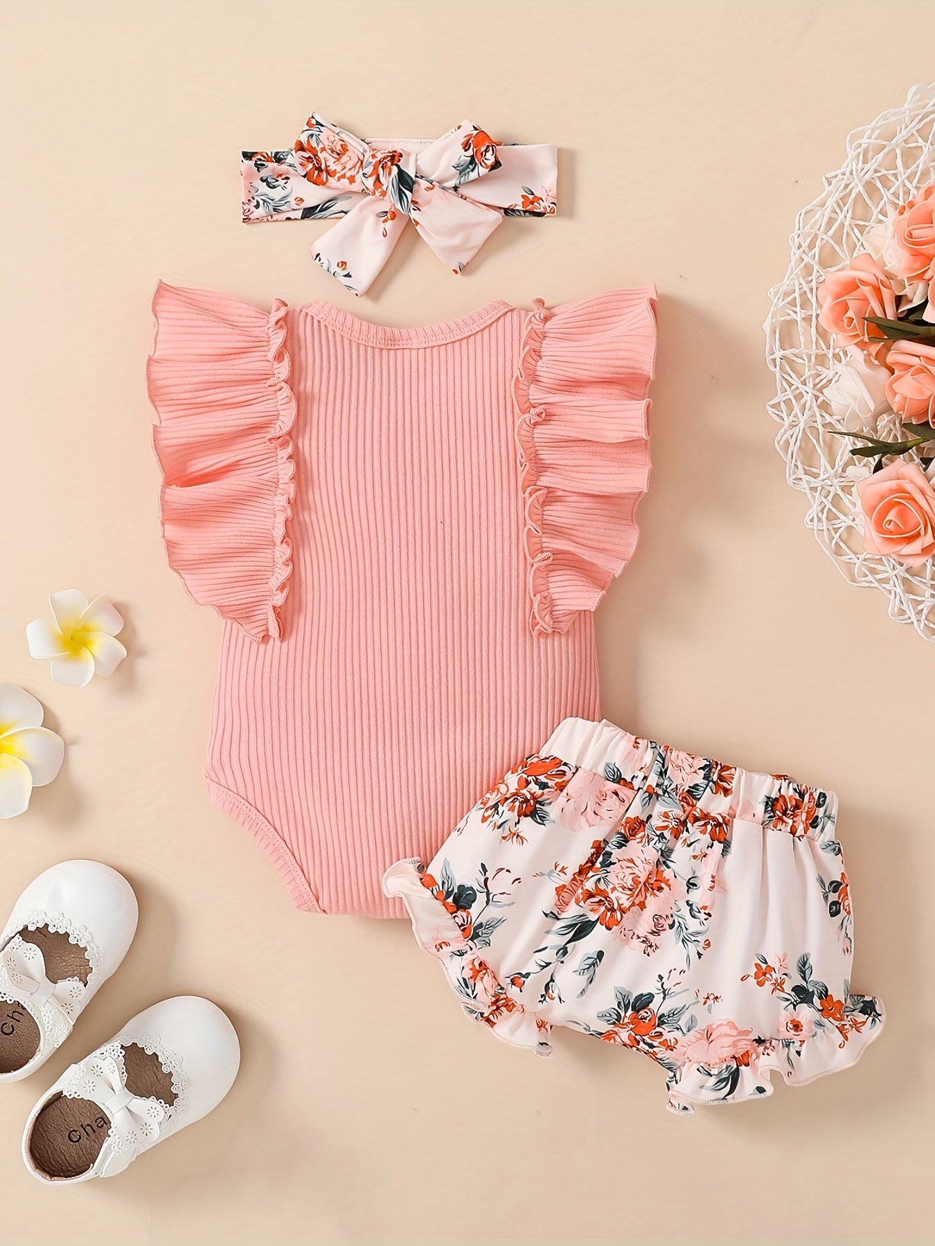 3pcs Baby Girls Daddy's Girl Ruffle Sleeve Onesie & Floral Shorts Set