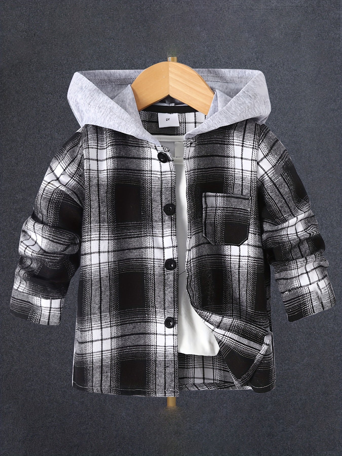 Boys Plaid Hooded Jacket Long Sleeve Button Down Outwear