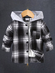 Boys Plaid Hooded Jacket Long Sleeve Button Down Outwear