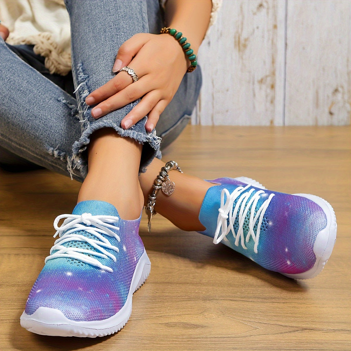 Women's Starry Sky Lace up Mesh Sneakers Lightweight Running Shoes