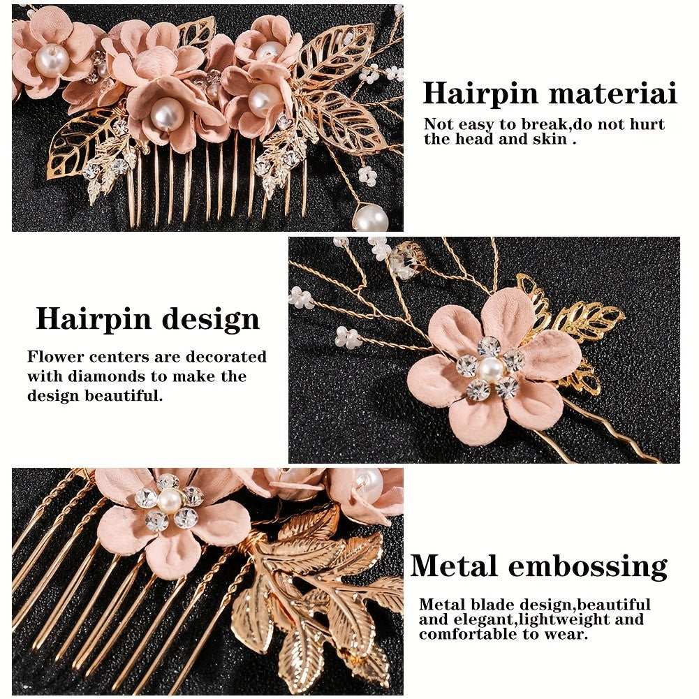 Pink Flower Hair Pin Inlaid Faux Pearl U shaped Hairpin Hair Accessories