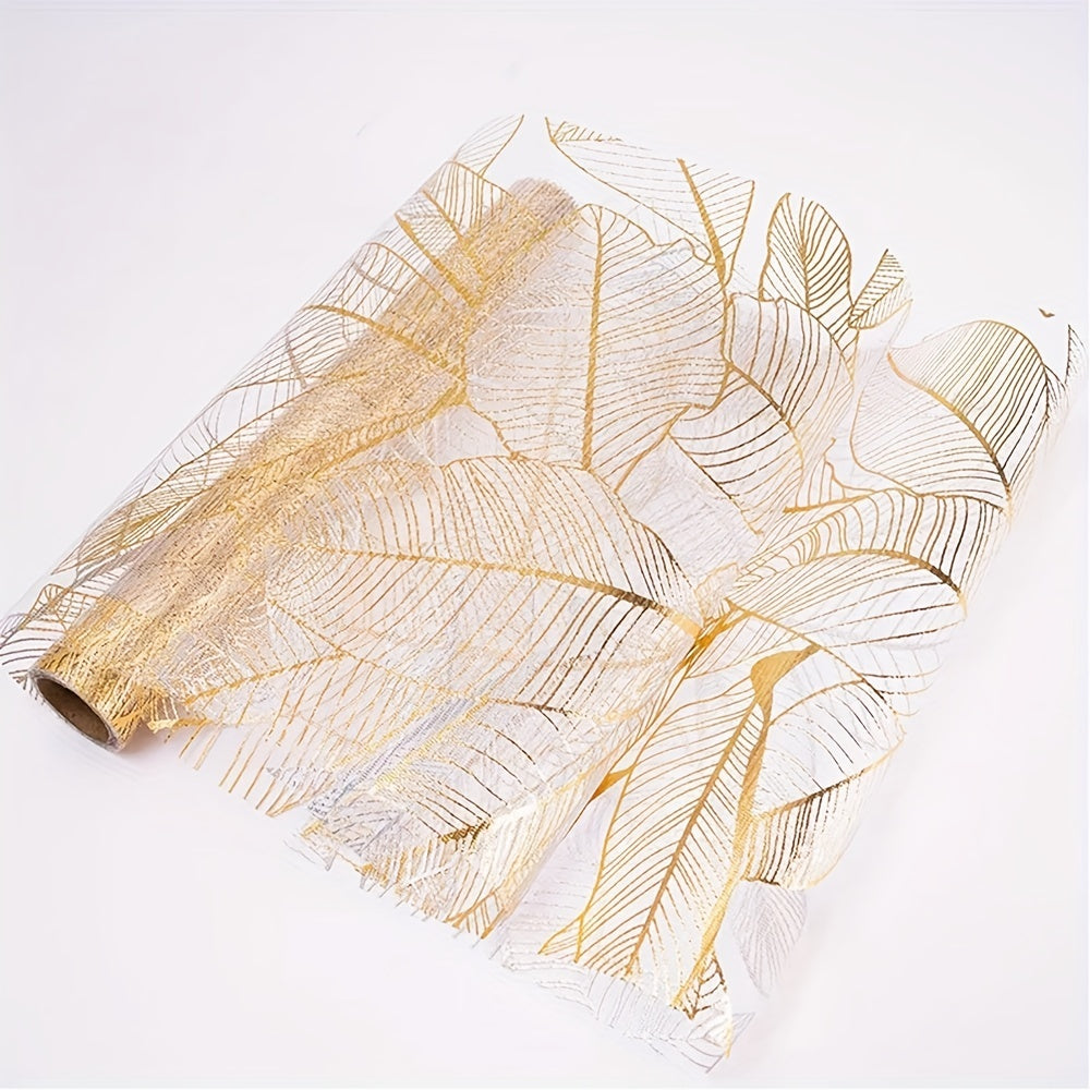 Golden Leaf Organza Metallic Table Runner for Home Kitchen Table Decoration