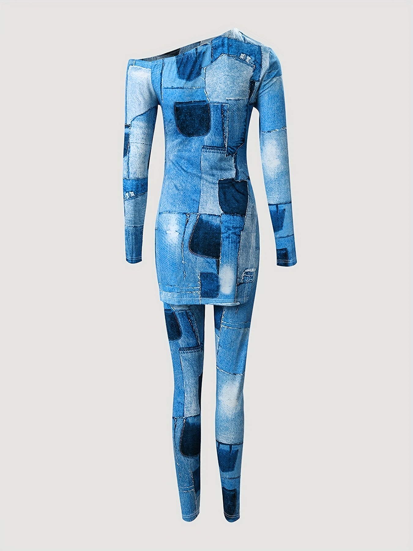 Denim Print 2pcs Set Long Sleeve T-shirt & Skinny Pants