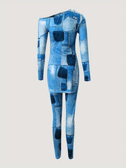 Denim Print 2pcs Set Long Sleeve T-shirt & Skinny Pants