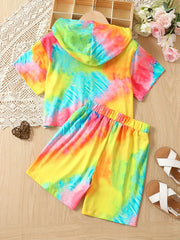 Girls' Tie Dyed Tracksuit Hooded T Shirt & Drawstring Shorts Set