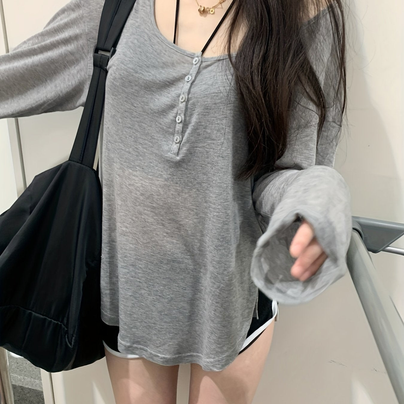 Grey Scoop Neck Cover Up T Shirt Top Long Sleeve Solid Sun Protection Beach Cove