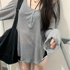Grey Scoop Neck Cover Up T Shirt Top Long Sleeve Solid Sun Protection Beach Cove