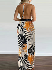 Boho Tropical Print Halter Neck Jumpsuit Backless Side Split