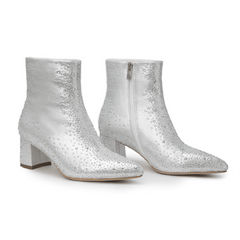 Women's Rhinestone Short Boots Point Toe Chunky Heel Dress Boots