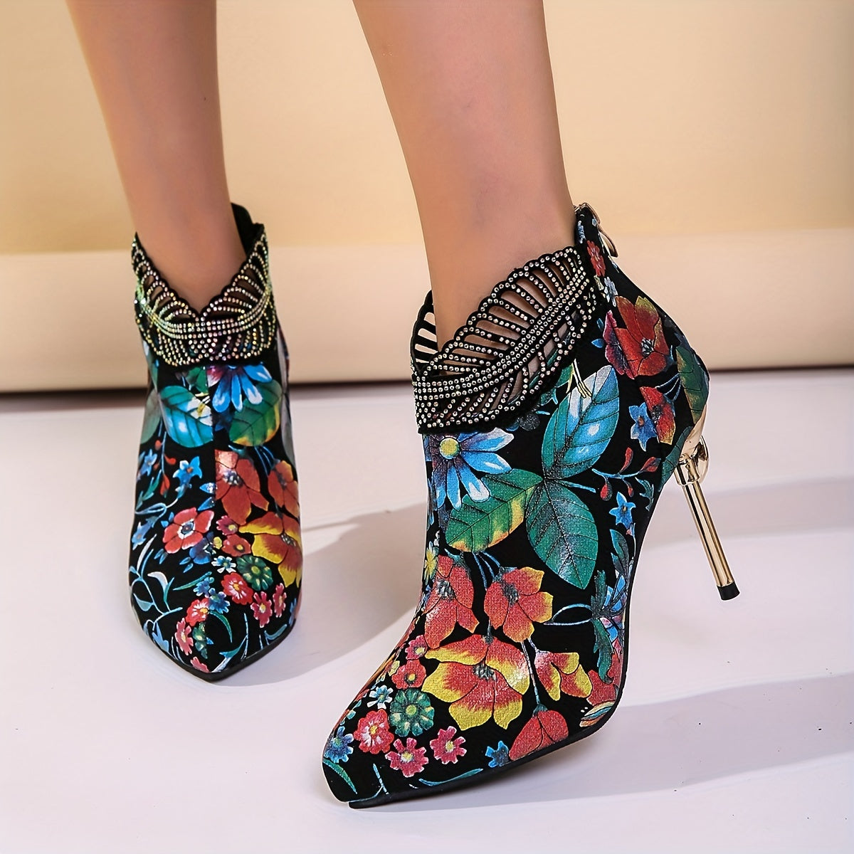 Floral Print Rhinestone Stiletto Heel Boots