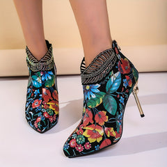 Floral Print Rhinestone Stiletto Heel Boots