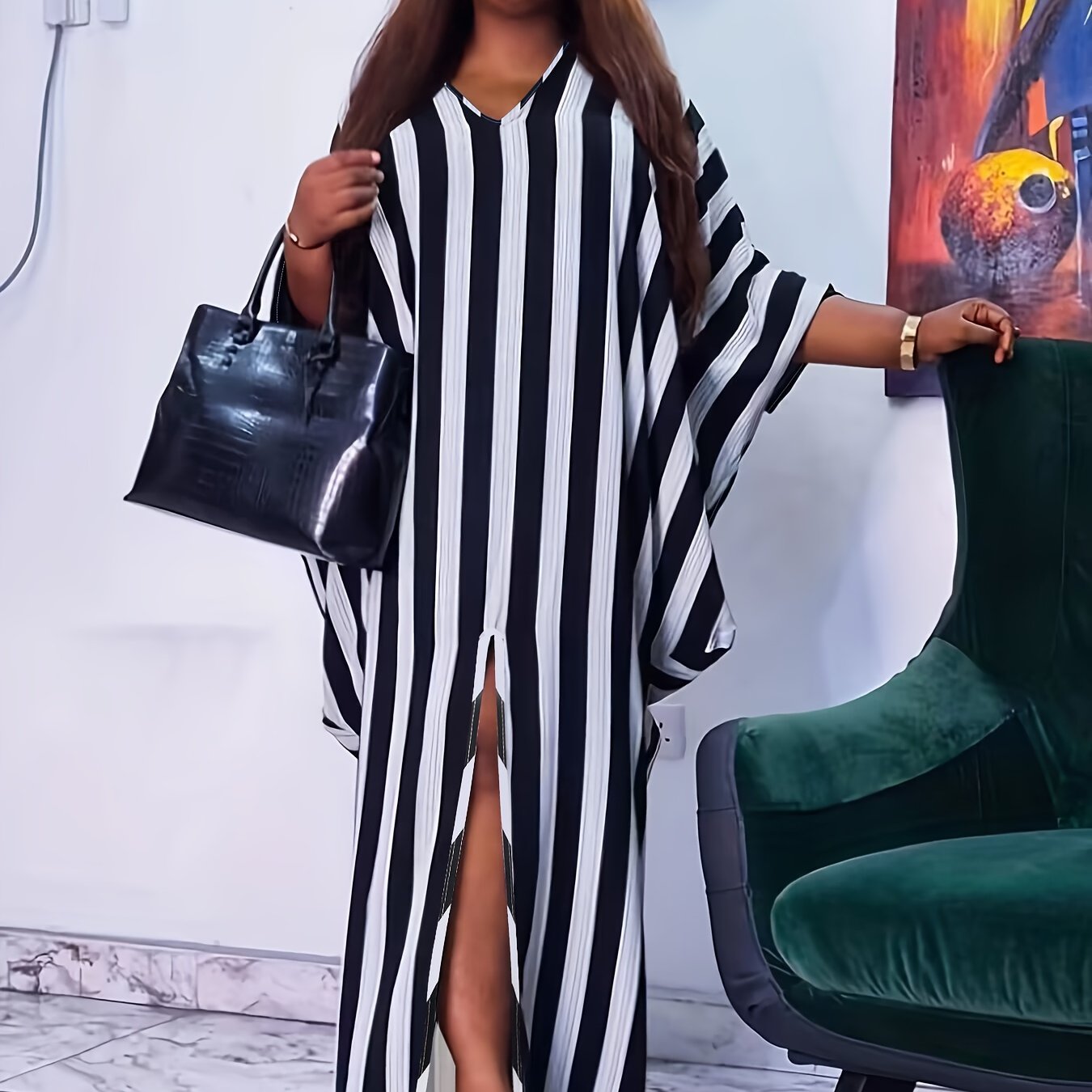 Women's Plus Stripe Bat Sleeve V Neck Party Dress
