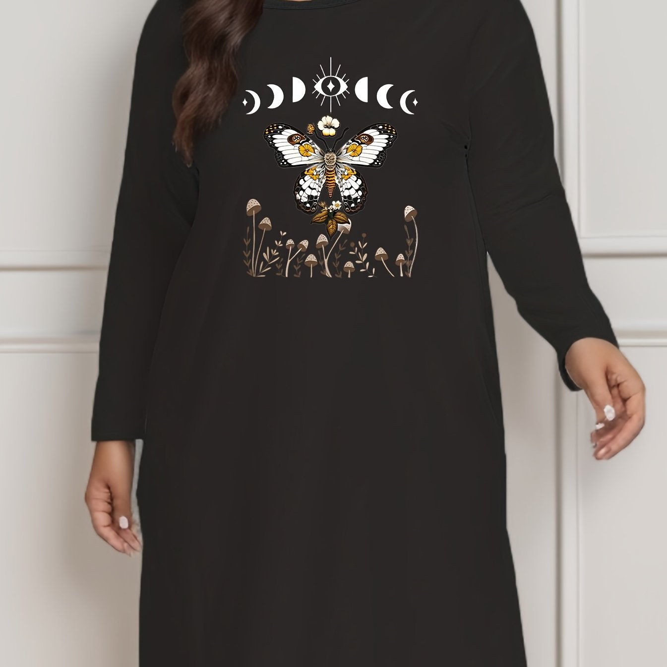 Butterfly & Moon Print Long Sleeve Tee Dress