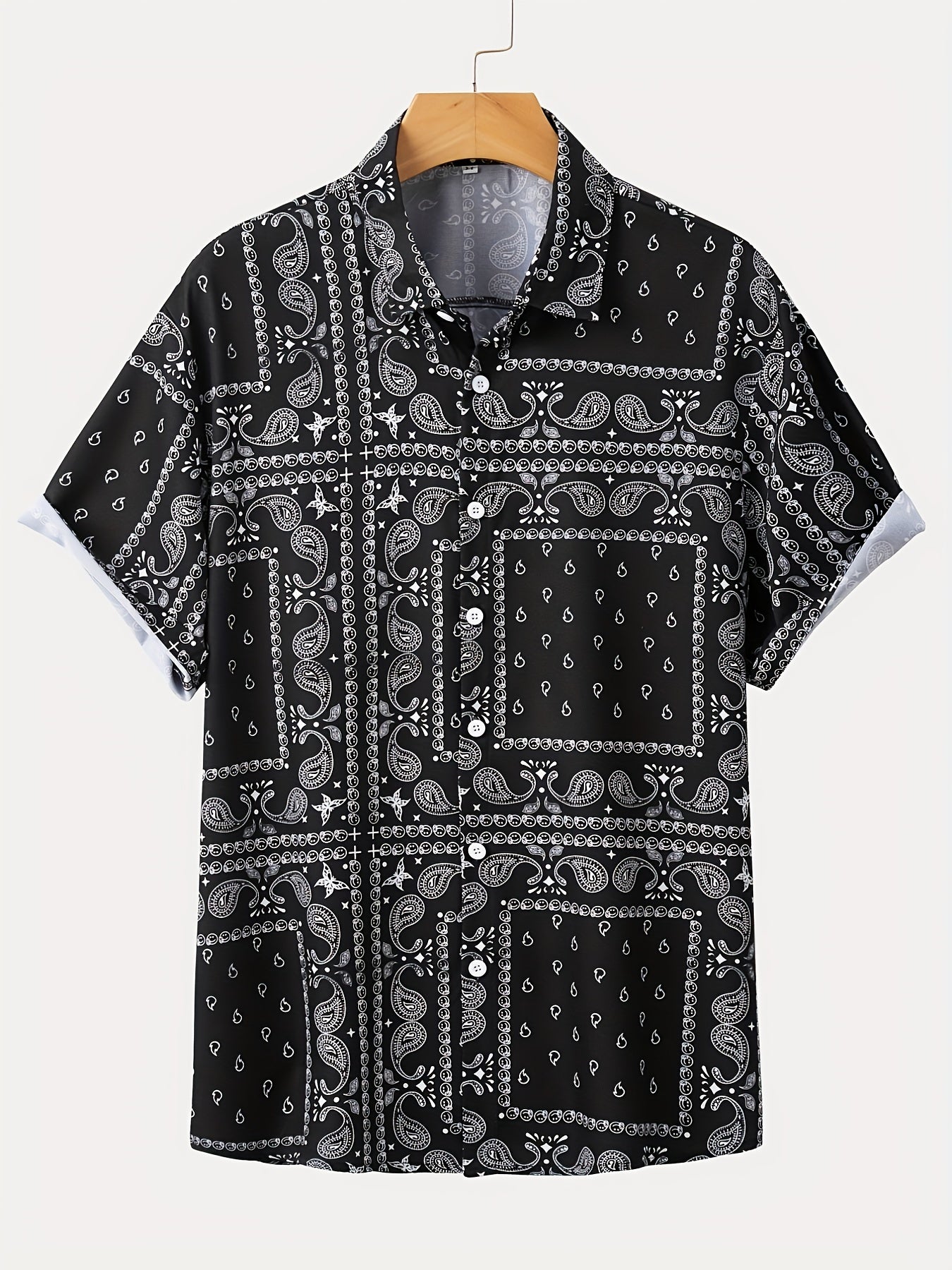 Men's Casual Mushroom Block Leaf Flower Pattern Print Short Sleeve Shirt