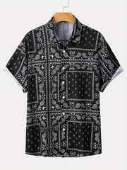 Men's Casual Mushroom Block Leaf Flower Pattern Print Short Sleeve Shirt
