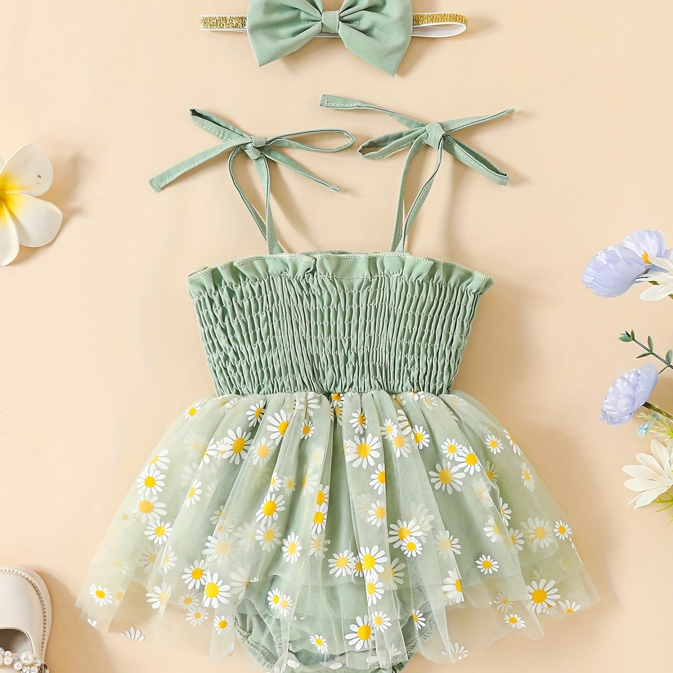 Baby Girls Shirred Mesh Onesie Dress & Headband Set