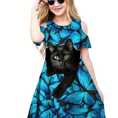 Girls 3D Cat Graphic Dress Short Sleeve Comfy Summery Party Gift