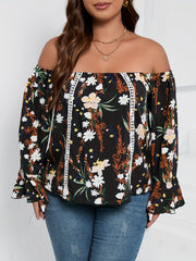 Blouse Women's Plus Floral Print Off Shoulder Bell Sleeve Shirt Top