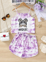 Girls Tie Dye Shorts Suit Graphic Cami Top & Shorts Set Kids Clothes