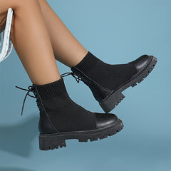 Platform Ankle Stretch Boots Lace Up Round Toe Short Boots