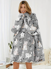 Cartoon Cat Print Hooded Robe Women's Nightwear