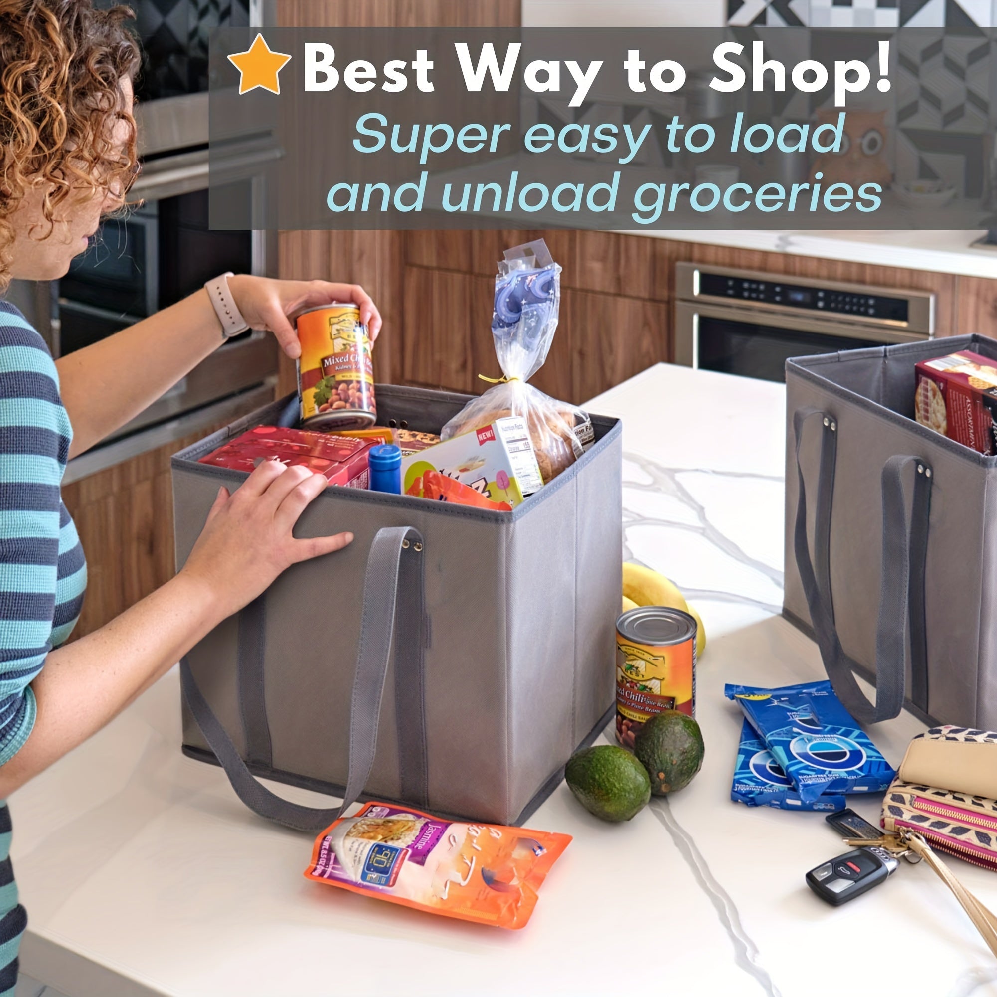 Reusable Grocery Bags Heavy Duty Shopping Bags Box Shape Stay Open Fold Flat