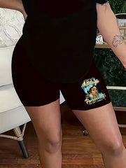 Plus Figure & Letter Print High Rise Biker Shorts