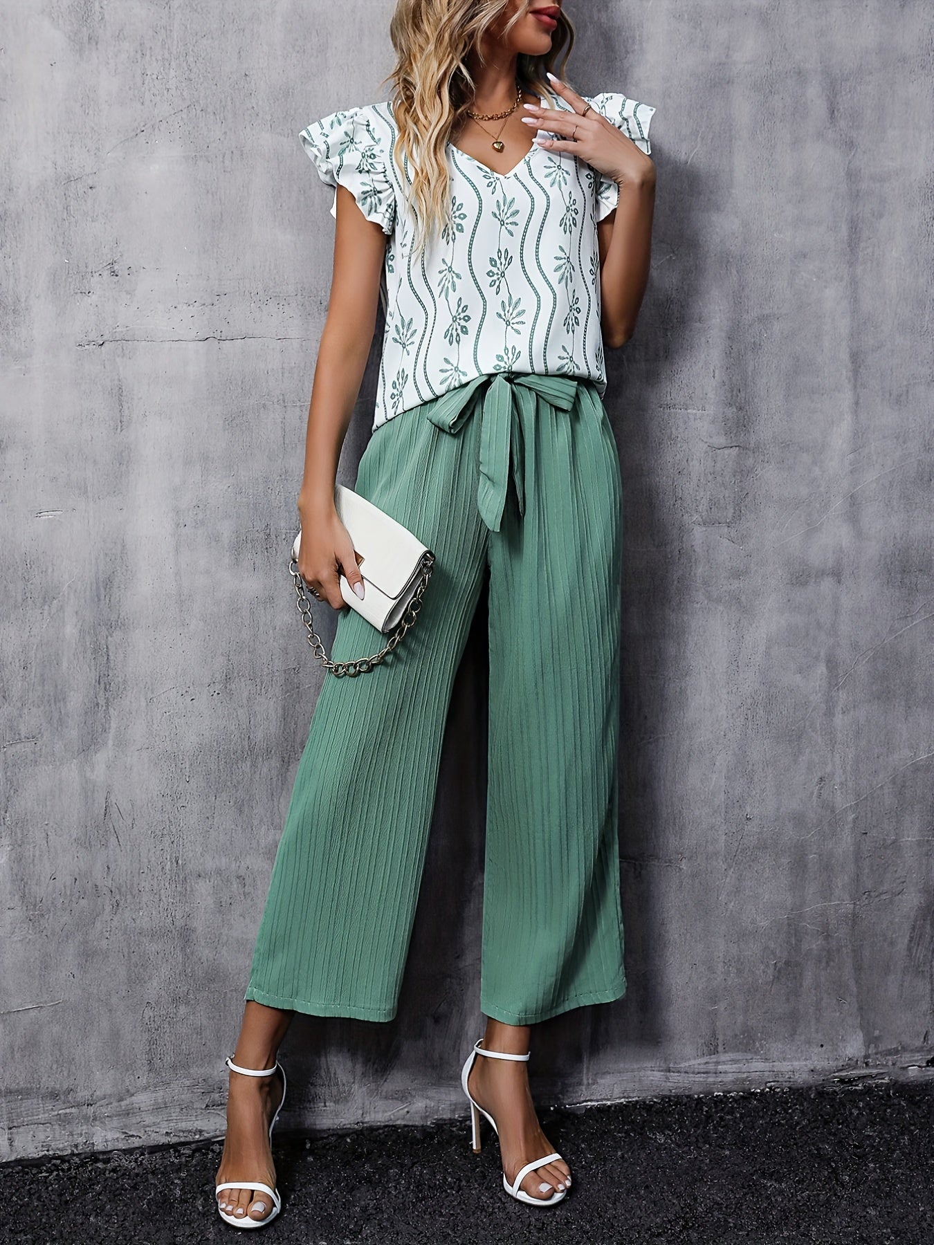 Ruffle Sleeve V Neck Blouse & Wide Leg Pants Set