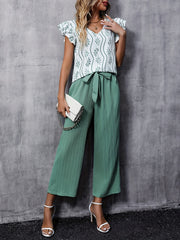 Ruffle Sleeve V Neck Blouse & Wide Leg Pants Set