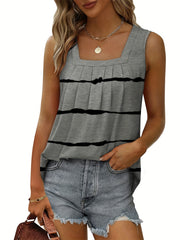 Striped Print Ruched Tank Top Square Neck Sleeveless Casual
