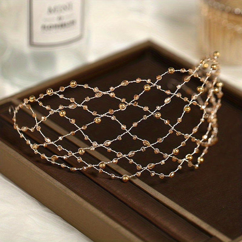Bridal Headband Mesh Faux Pearl Crystal Headpiece Wedding Hair Accessories