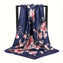 Peach Blossom Print Silk Bandana Satin Scarf for Women