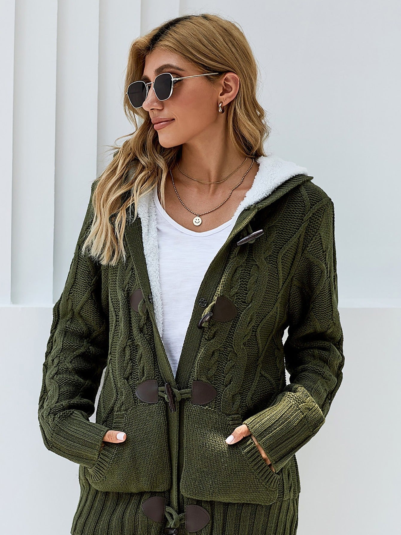 Women's Raw Hooded Flare Button Sweater Cardigan
