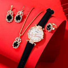5pcs Square Rhinestone Junior High School Students Leather Quartz Watch Set
