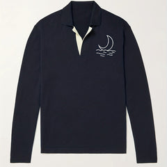Moon Pattern Knit Polo Shirt Men's Casual Lapel Stretch V Neck Pullover