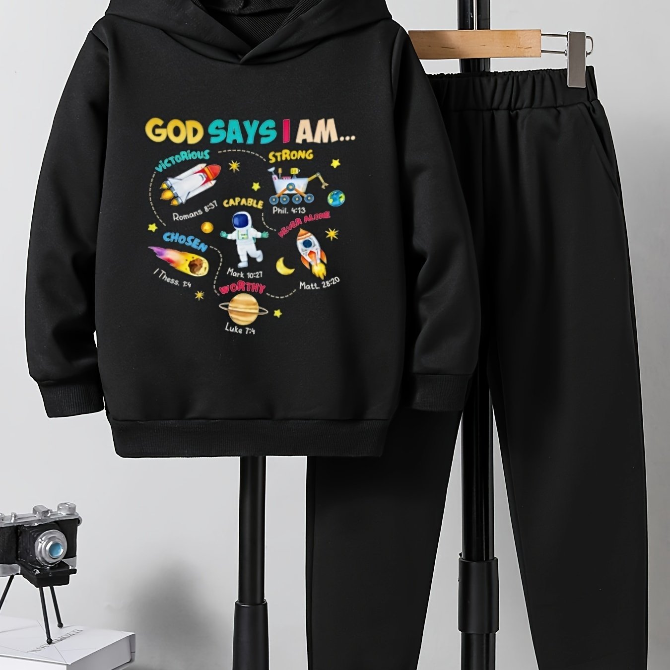 2pcs Astronaut And Planet Print Boys Hoodie Set