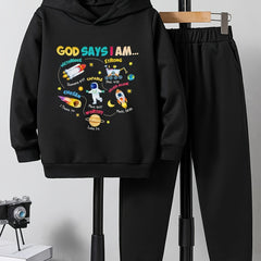 2pcs Astronaut And Planet Print Boys Hoodie Set