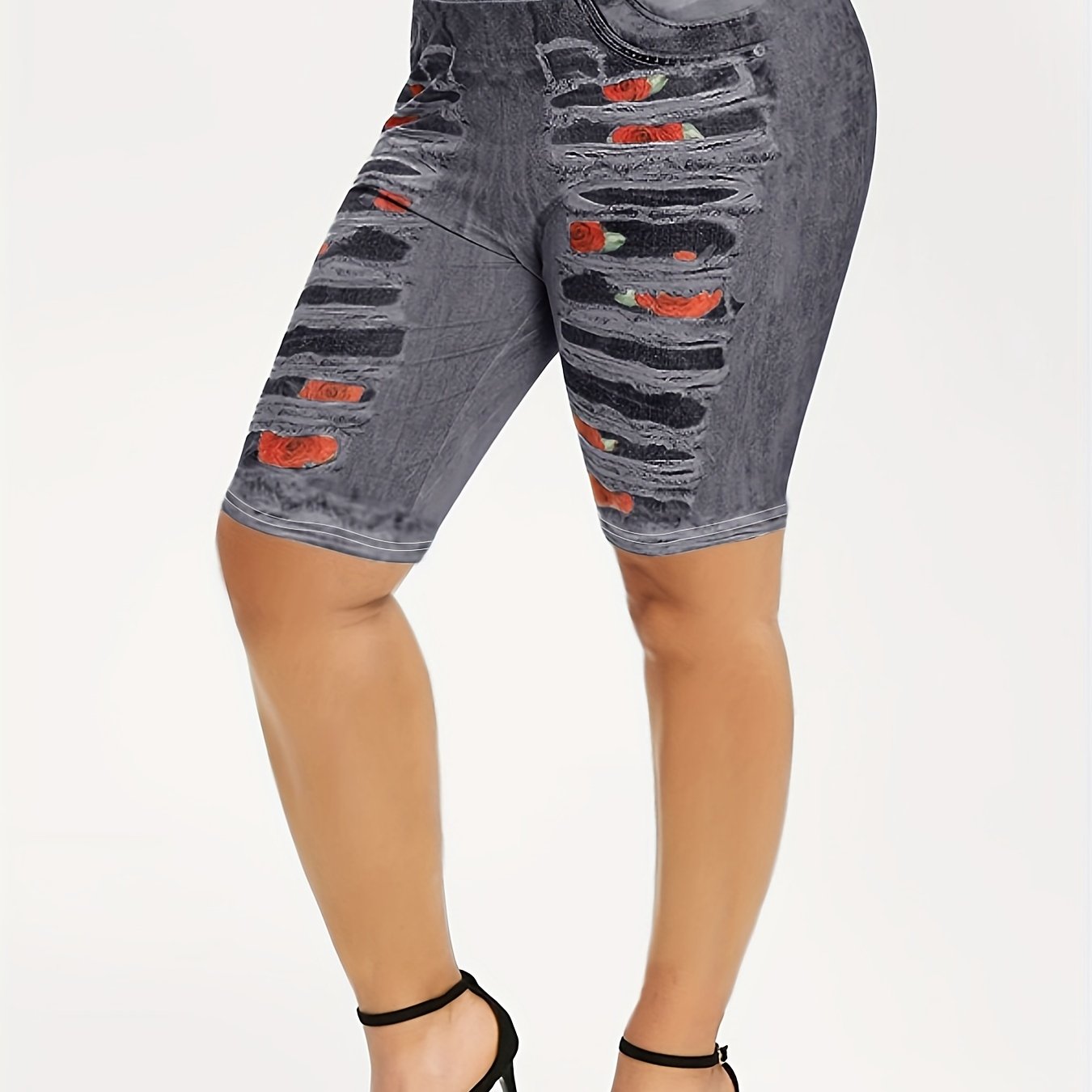 Rose & Denim Print Leggings Casual Sporty Skinny Stretchy Leggings